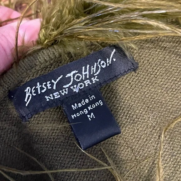 Vintage Betsy Johnson Cardigan with Marabou Feathers and a  Rhinestone Snap - Picture 3 of 8